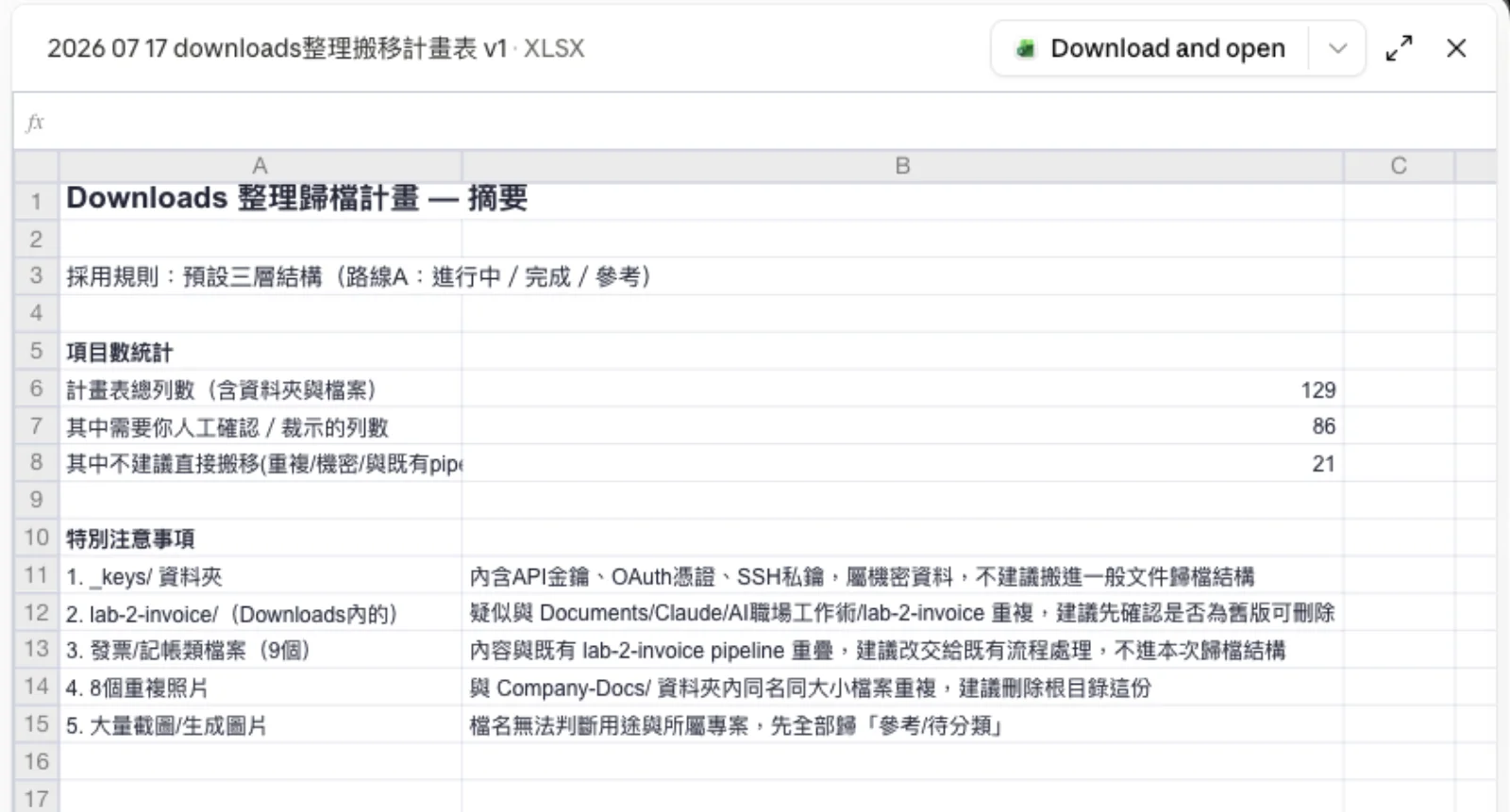 Lab 3 實跑產出：搬移計畫表摘要——129 列中有 86 列需要你人工確認
